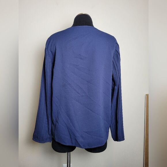Navy Blue Pleated Sleeve Blouse Office Corporate Formal Church Modest Medium - Picture 4 of 9